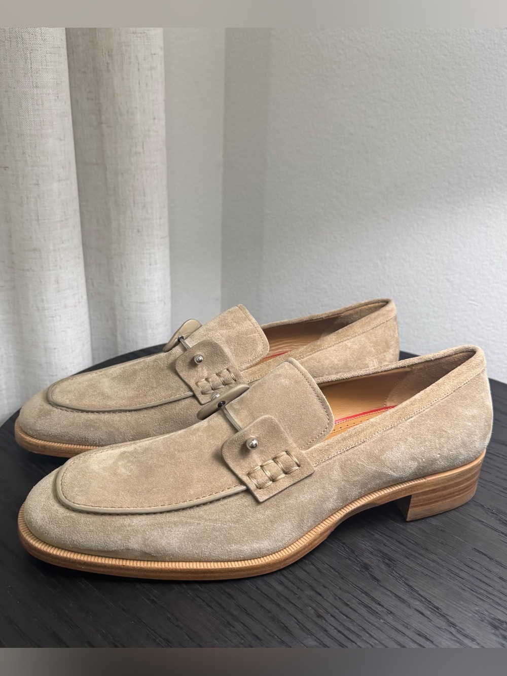 Christian Louboutin Chambelimoc Suede Loafers Dress Shoes Tan 46